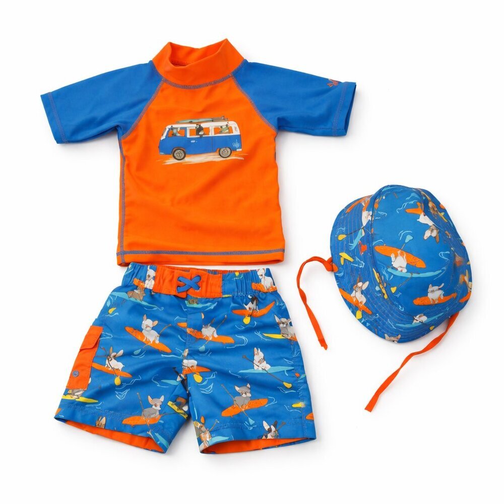Baby Boy 3pc Swim Set with Surf Van Design - Blue /Orange 12/18 M